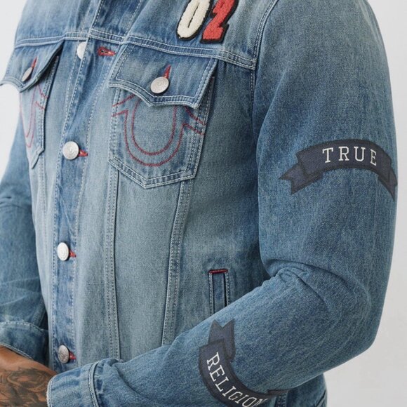 True Religion Jessie Patch Denim Jacket Light Autumn Walk Wash Size XL BNWT - Picture 4 of 6